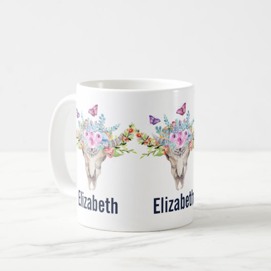 蝶と花とBoho動物スカル コーヒーマグカップ (正面左)