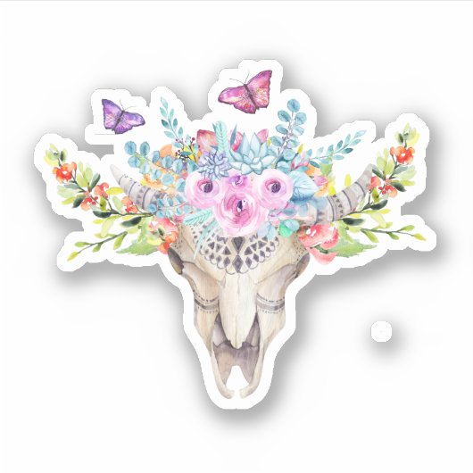 蝶と花とBoho動物スカル シール (正面)