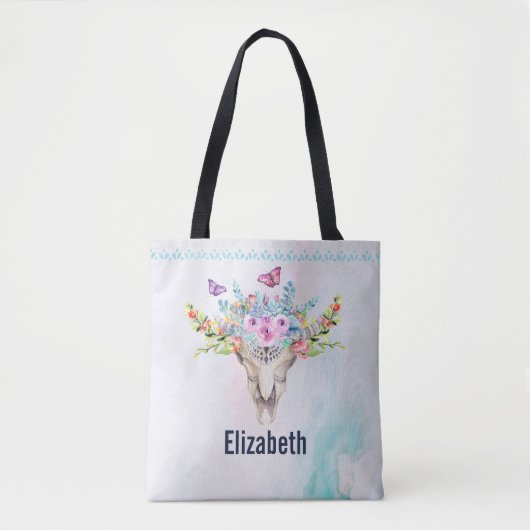 蝶と花とBoho動物スカル トートバッグ (正面)