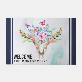 蝶と花とBoho動物スカル ドアマット