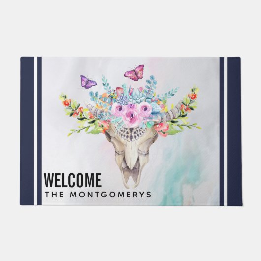 蝶と花とBoho動物スカル ドアマット (正面)