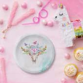 蝶と花とBoho動物スカル ペーパープレート (パーティー)