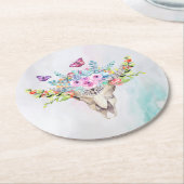蝶と花とBoho動物スカル ラウンドペーパーコースター (アングル)