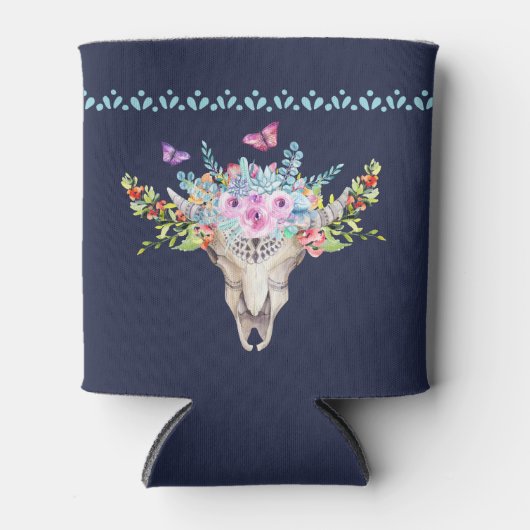 蝶と花とBoho動物スカル 缶クーラー (正面)