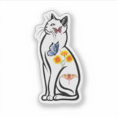 蝶と花のあるエレガントな猫の輪郭 シール (正面)