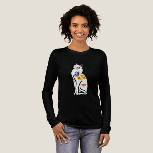 蝶と花のあるエレガントな猫の輪郭 トライブレンドTシャツ (正面全体)