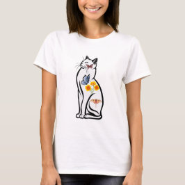 蝶と花のあるエレガントな猫の輪郭 Tシャツ