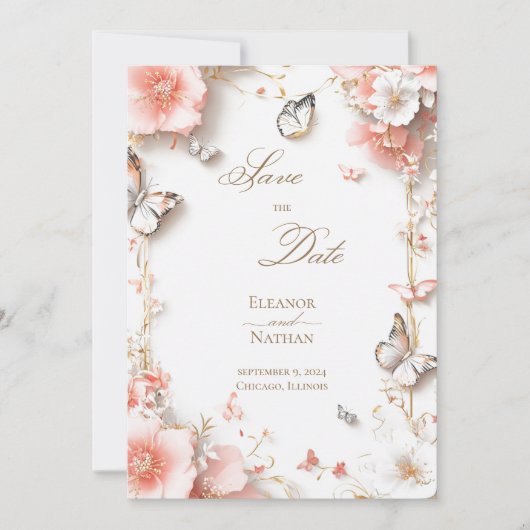 蝶と花のデザインの「Save the date」カード 招待状 (正面)