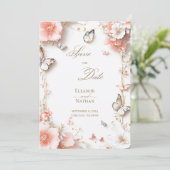蝶と花のデザインの「Save the date」カード 招待状 (スタンド正面)