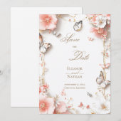 蝶と花のデザインの「Save the date」カード 招待状 (正面/裏面)