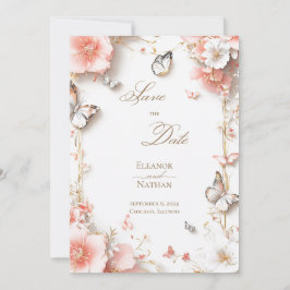 蝶と花のデザインの「Save the date」カード 招待状
