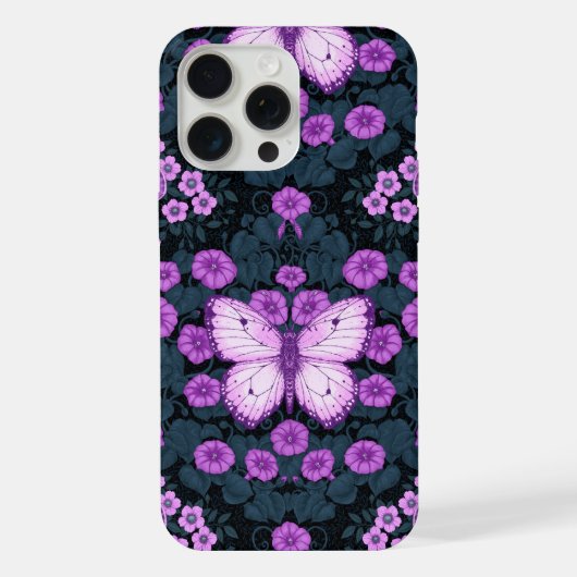 蝶と花の対称性、すみれ色と青 iPhoneケース (裏面)