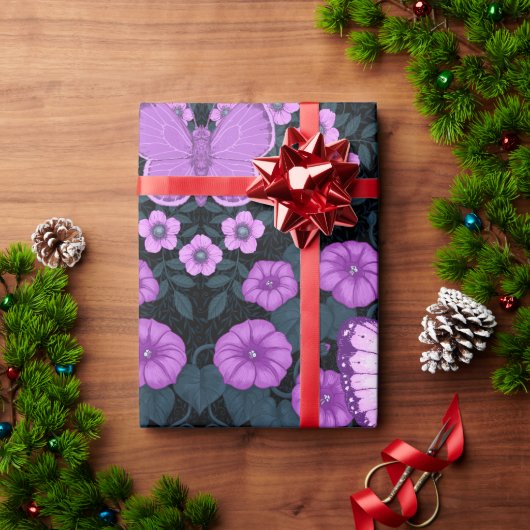 蝶と花の対称性、紫と青 ラッピングペーパー (クリスマスギフト)