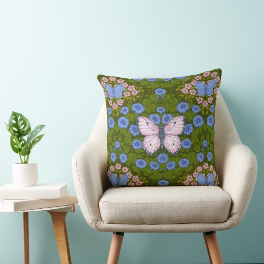 蝶と花の対称性、青とピンク クッション (椅子)