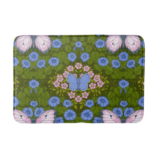 蝶と花の対称性、青とピンク バスマット (正面)