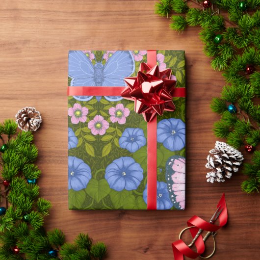 蝶と花の対称性、青とピンク ラッピングペーパー (クリスマスギフト)