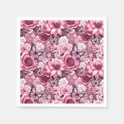 蝶と花の色々なピンク色 スタンダードカクテルナプキン (正面)