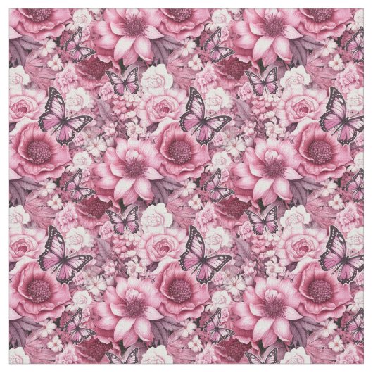 蝶と花の色々なピンク色 ファブリック (クローズアップ)