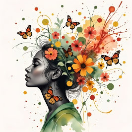 蝶と花を持つ女性(3/4) フォトプリント           