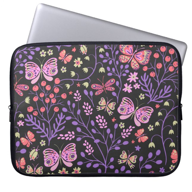 蝶と花カラフルバラかわいい ラップトップスリーブ (正面)