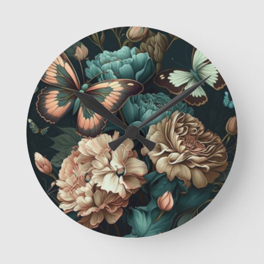 蝶と花ダーククラシックデザイン ラウンド壁時計 (正面)