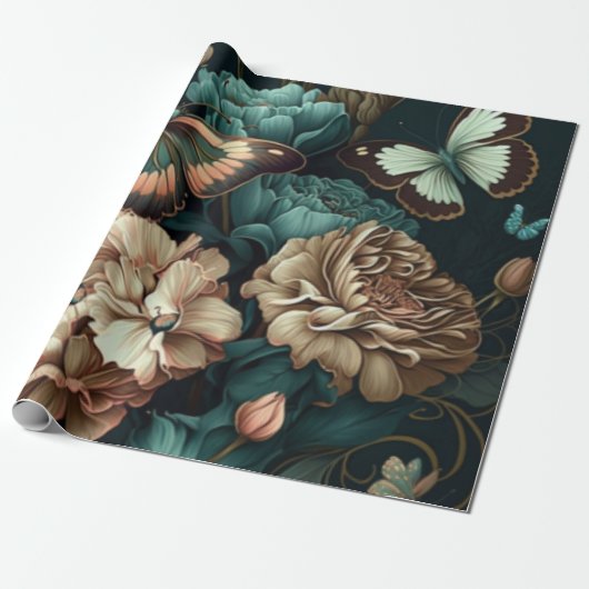 蝶と花ダーククラシックデザイン ラッピングペーパー (アンロールド)