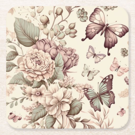 蝶と花パステルデコール スクエアペーパーコースター (正面)