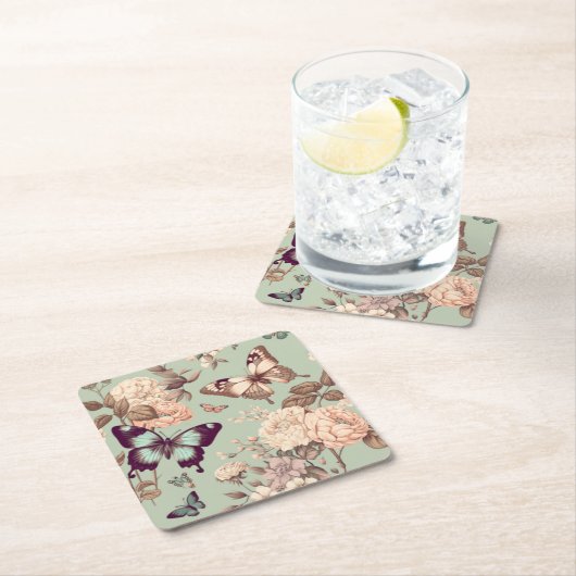 蝶と花パステルライトグリーン スクエアペーパーコースター (インサイチュ)