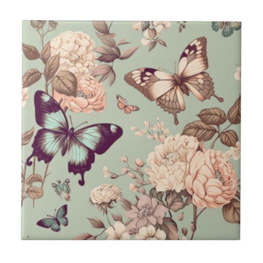 蝶と花パステルライトグリーン タイル (正面)