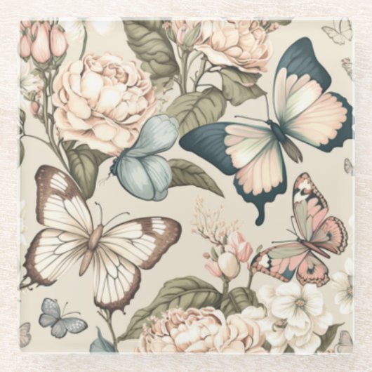 蝶と花パステル ガラスコースター (正面)