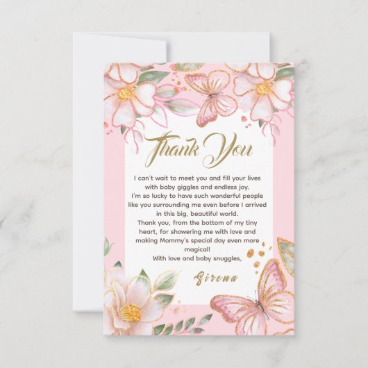 蝶と花ピンクかわいいサンキューカード サンキューカード (正面)