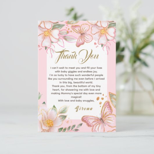 蝶と花ピンクかわいいサンキューカード サンキューカード (スタンド正面)