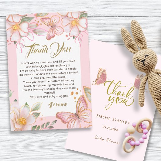 蝶と花ピンクかわいいサンキューカード サンキューカード