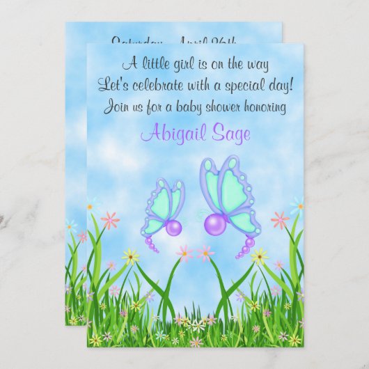 蝶と花ベビーシャワー招待状~女の子 招待状 (正面/裏面)