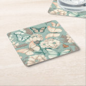 蝶と花ライトグリーンデコ スクエアペーパーコースター (アングル)