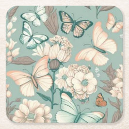 蝶と花ライトグリーンデコ スクエアペーパーコースター