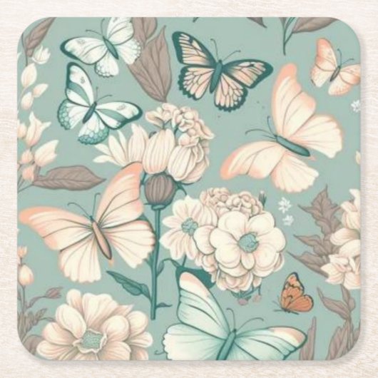蝶と花ライトグリーンデコ スクエアペーパーコースター (正面)