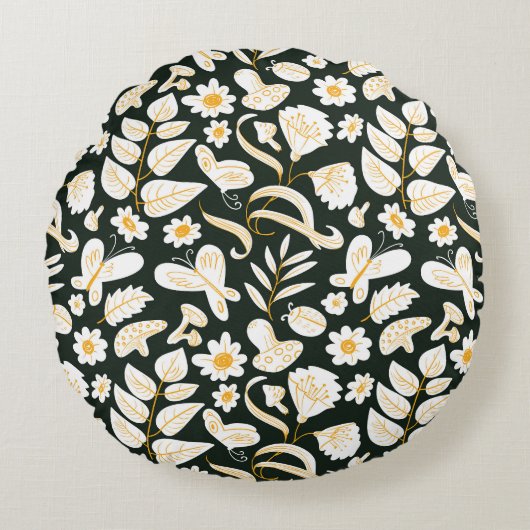 蝶と花：ドードル夏のパターン。 ラウンドクッション (正面)