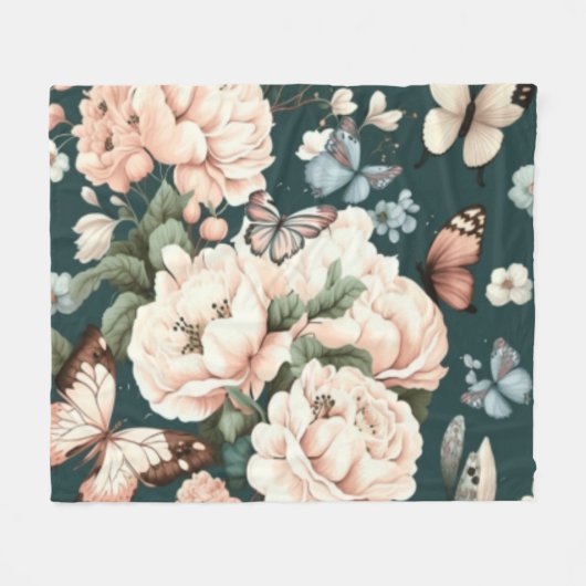 蝶と花 フリースブランケット (正面(横))