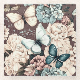 蝶と茶色の花 ガラスコースター