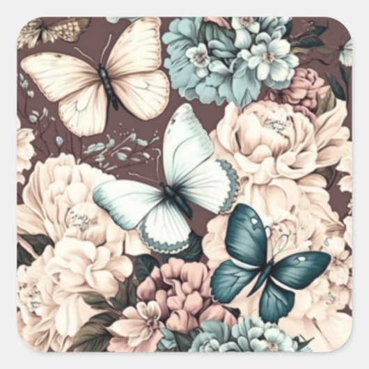 蝶と茶色の花 スクエアシール (正面)
