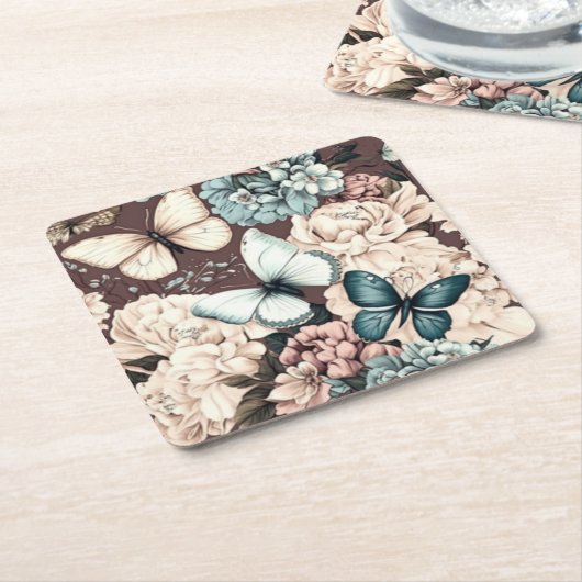 蝶と茶色の花 スクエアペーパーコースター (アングル)