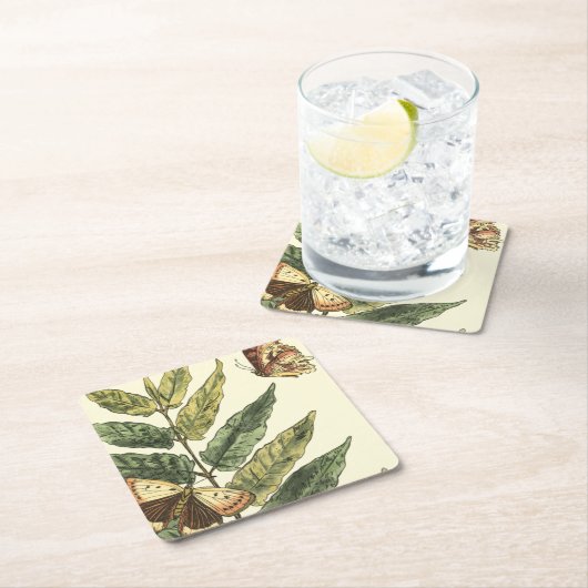 蝶と葉黒枠つき蝶 スクエアペーパーコースター (インサイチュ)