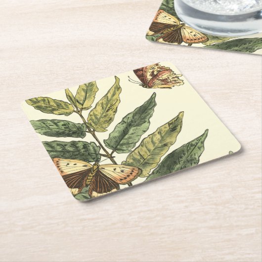 蝶と葉黒枠つき蝶 スクエアペーパーコースター (アングル)