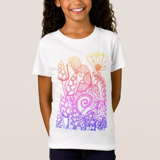 蝶と虹色のファンタジーの花 Tシャツ (正面)
