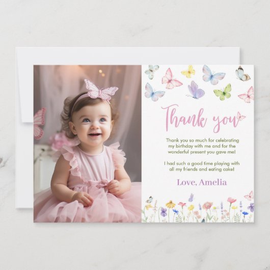 蝶と野の花の感謝カード 誕生日パーティー サンキューカード (正面)