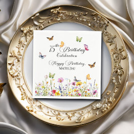 蝶と野エレガント花75誕生日 スタンダードカクテルナプキン