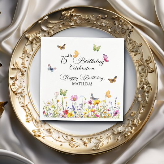 蝶と野エレガント花75誕生日 スタンダードカクテルナプキン