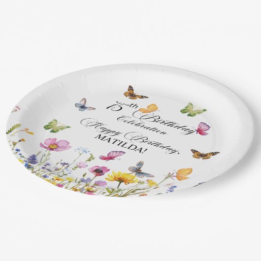 蝶と野エレガント花75誕生日 ペーパープレート (アングル)