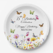 蝶と野エレガント花75誕生日 ペーパープレート (正面)